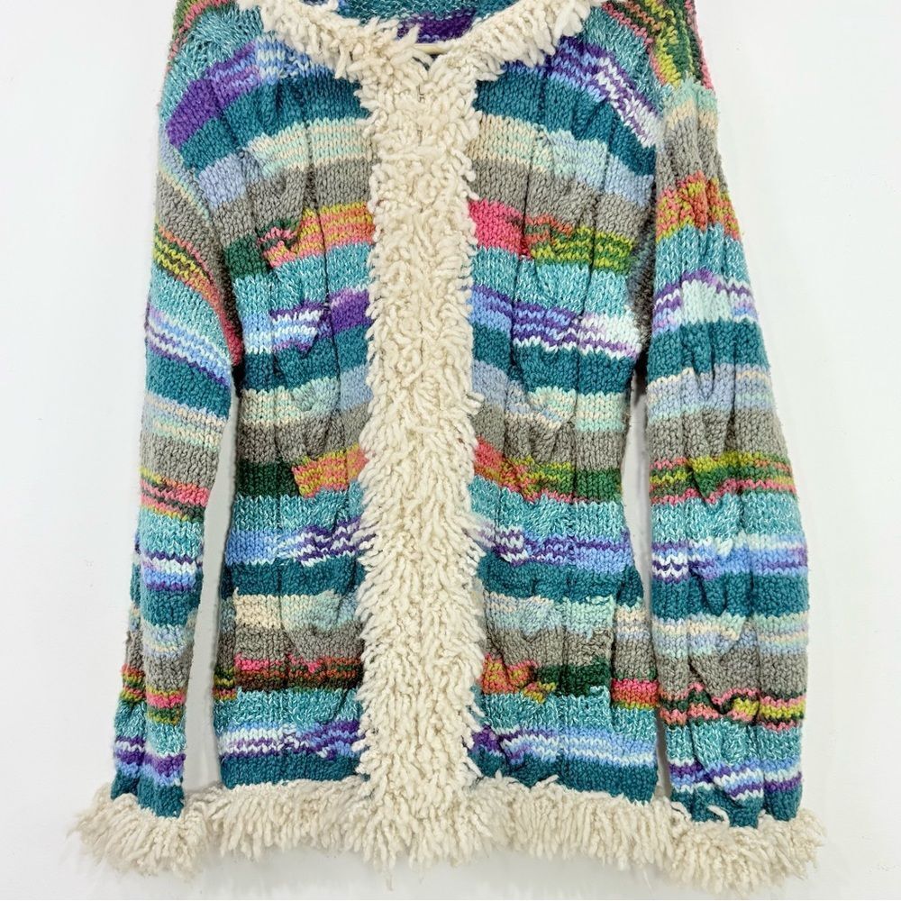 Amano Artisan Handmade Colorful Stripe Hooded Boho Fringe Retro Cardigan Sweater - Picture 3 of 12